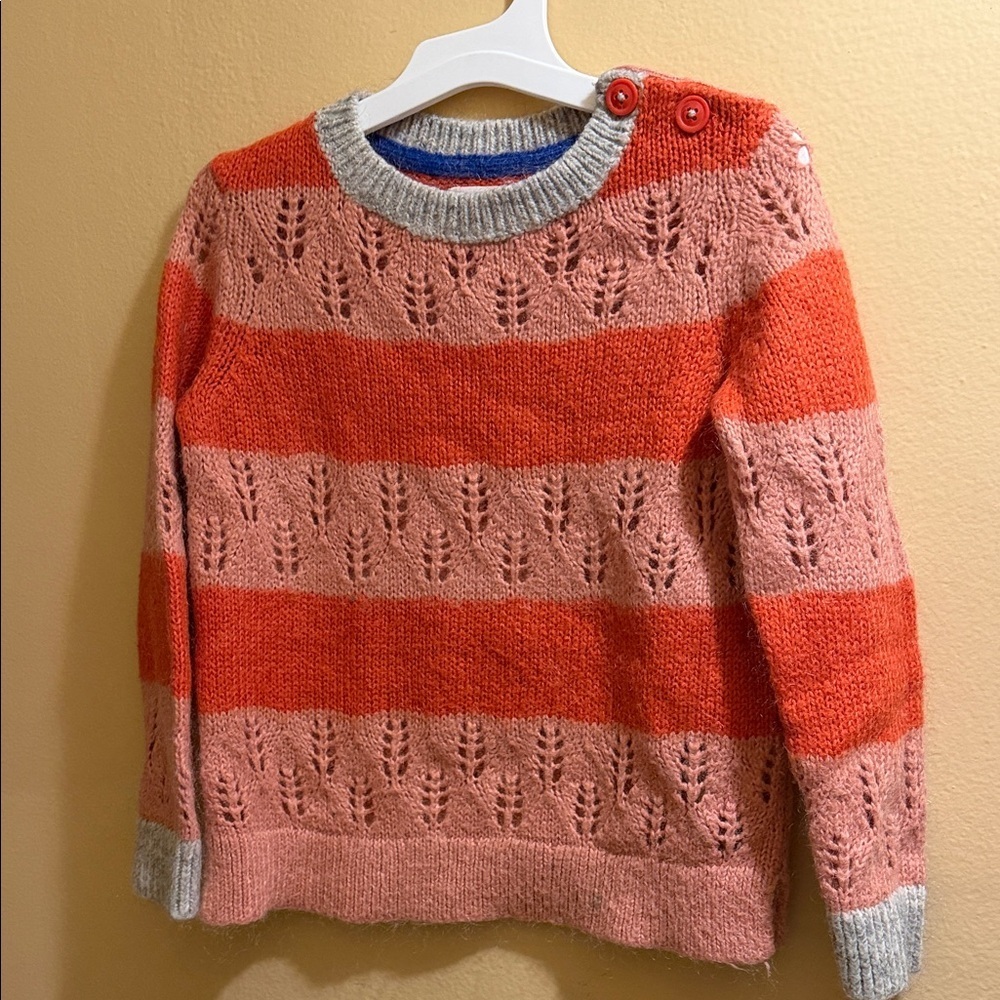 Mini Boden Striped Eyelet Crewneck Sweater - Pink & Orange with Gray Trim